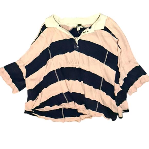 We The Free Tops - We The Free Free People Oversized Rugby Stripe Polo Top Pink Navy M